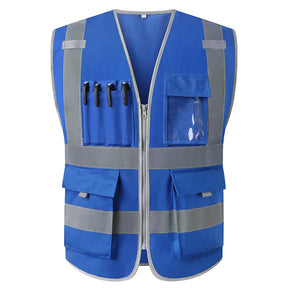 Blue utility vest, front view, four pen slots and clear ID window on chest pocket