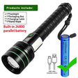 Green-Long torch pack list showing side work light and built-in battery