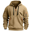 Camel half-zip hoodie showing the kangaroo pouch and its decorative contrast straps