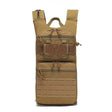 Khaki hydration pack front view with laser-cut MOLLE panel across the lower pocket