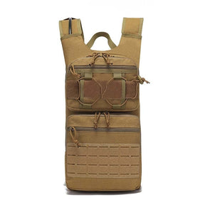 Khaki hydration pack front view with laser-cut MOLLE panel across the lower pocket
