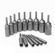 Nine larger sockets standing upright with the millimetre size stamped on each