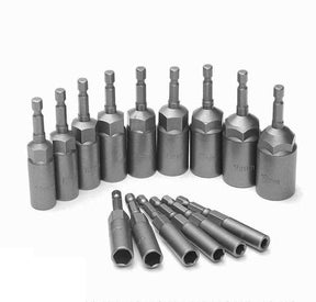 Nine larger sockets standing upright with the millimetre size stamped on each