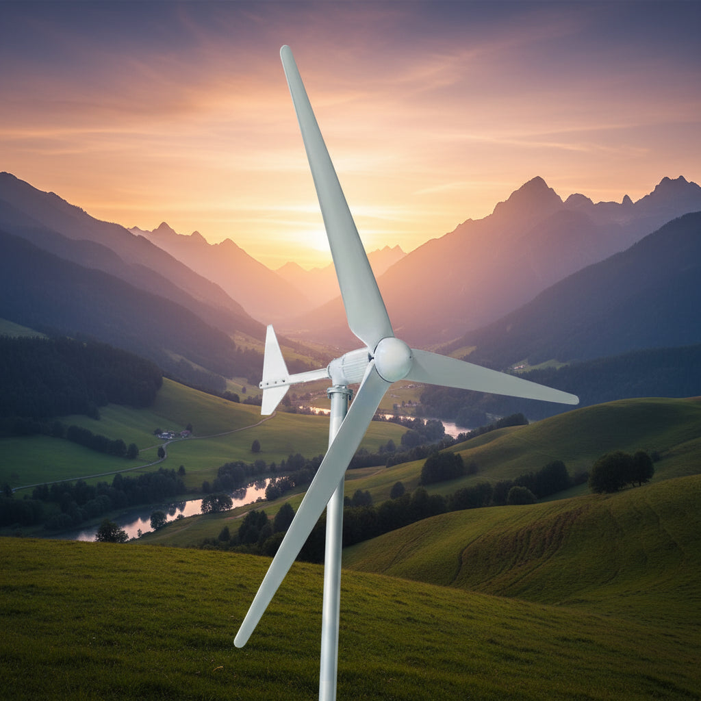 A white three-blade wind turbine model on a stand, photographed indoors against a large wall mural depicting a blue sky and green grassy hills.