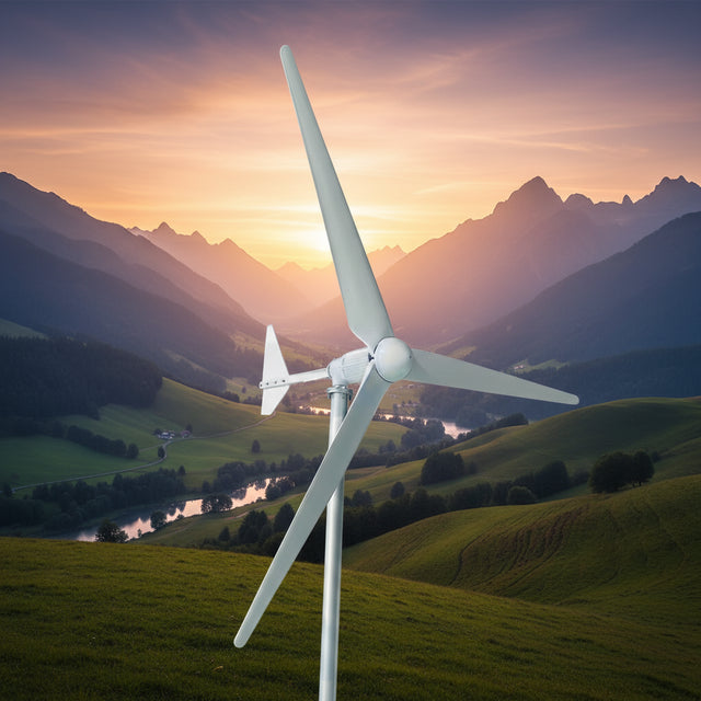 A white three-blade wind turbine model on a stand, photographed indoors against a large wall mural depicting a blue sky and green grassy hills.