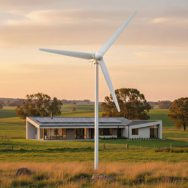 A white three-blade wind turbine model on a stand, photographed indoors against a large wall mural depicting a blue sky and green grassy hills.