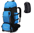 Sky blue 90 litre pack, three-quarter view, shown beside a black rain cover