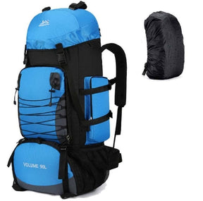 Sky blue 90 litre pack, three-quarter view, shown beside a black rain cover
