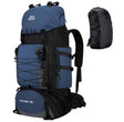 Navy blue 90 litre pack, three-quarter view, shown beside a black rain cover