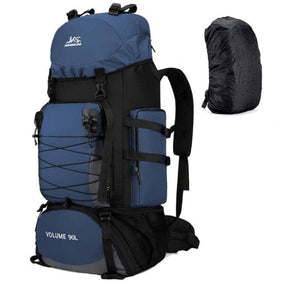 Navy blue 90 litre pack, three-quarter view, shown beside a black rain cover