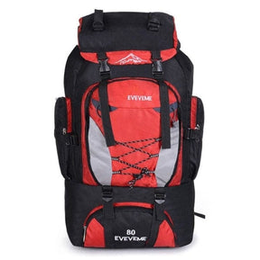 Red 80 litre pack, front view, with grey mesh panels and front lash cord