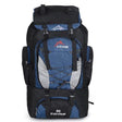 Navy blue 80 litre pack, front view, with grey mesh front panelling
