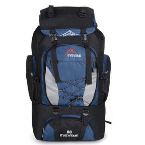 Navy blue 80 litre pack, front view, with grey mesh front panelling
