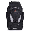 Black 80 litre pack, front view, with mesh side pockets and front lash cord