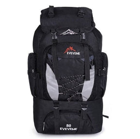 Black 80 litre pack, front view, with mesh side pockets and front lash cord