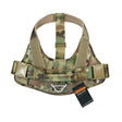 CP camo harness front-on and flat, showing both buckles and the neck strap