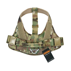 CP camo harness front-on and flat, showing both buckles and the neck strap