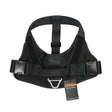 Black harness front-on and flat, showing the chest panel and both buckles