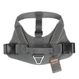 Grey harness front-on and flat, showing both buckles and the padded chest panel