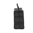 Single-cell black open-top MOLLE pouch, front webbing rows and bungee retention