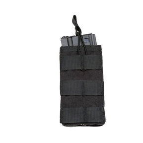 Single-cell black open-top MOLLE pouch, front webbing rows and bungee retention