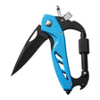 Blue anodised multi-tool carabiner, blade open and both screwdriver bits flipped out