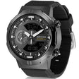 Angled view of the grey dial Hornet showing the pushers and strap texture