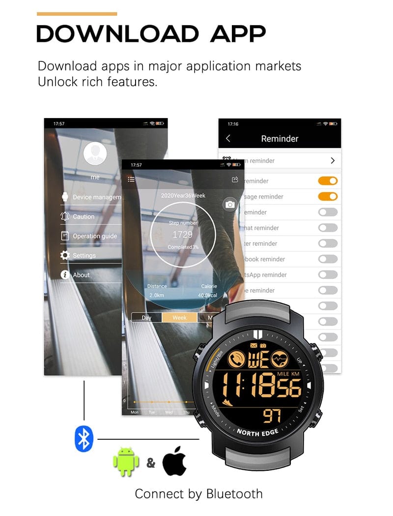 NORTH EDGE Watch Waterproof 50m Android IOS Watchs  BushLine