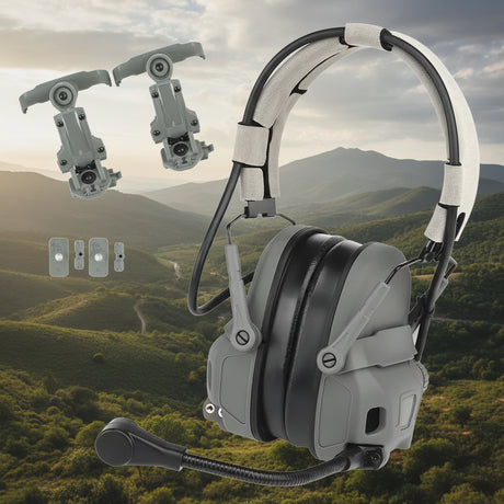 Gray communication headset with adjustable parts on a white background