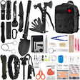 Super luxury package contents beside a black MOLLE pouch, folding shovel and axe multi-tool