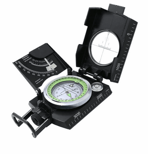 Black colourway compass open, angled view of luminous dial and sighting lid