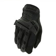 Black glove showing wrist tab, mesh back panel and textured touch screen fingertip