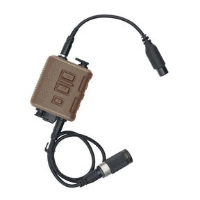 Tan V60 push to talk unit with its coiled radio down lead and headset lead