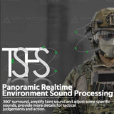 Person in tactical gear with 'TSFS' and 'OPP TACTICAL' branding, featuring text about panoramic realtime environment sound processing.
