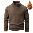 Brown polar fleece pullover, front view, collar standing and zip pulled partway down
