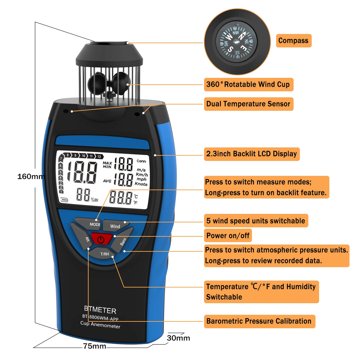 Portable Anemometer Digital Wind Speed Meter - APP Connectivity Wind Power  