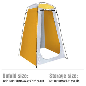 Orange and grey shelter with erected size and packed size captions beneath