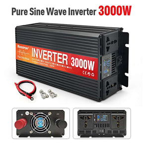 3000W inverter with DC leads, single-fan rear panel and twin socket front panel