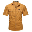 Ginger mustard shirt, front view, buttoned pocket flaps and branded chest tab