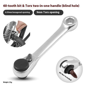 60-tooth blind-hole handle with 6.35 mm hex and 9 mm ring openings