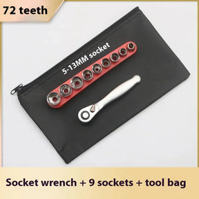 Socket handle set with nine sockets from 5 to 13 mm and a zip pouch