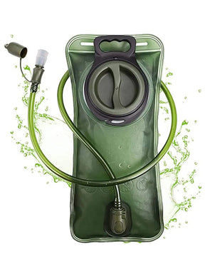 Army green bladder upright, hose coiled and dust cover unclipped from the mouthpiece