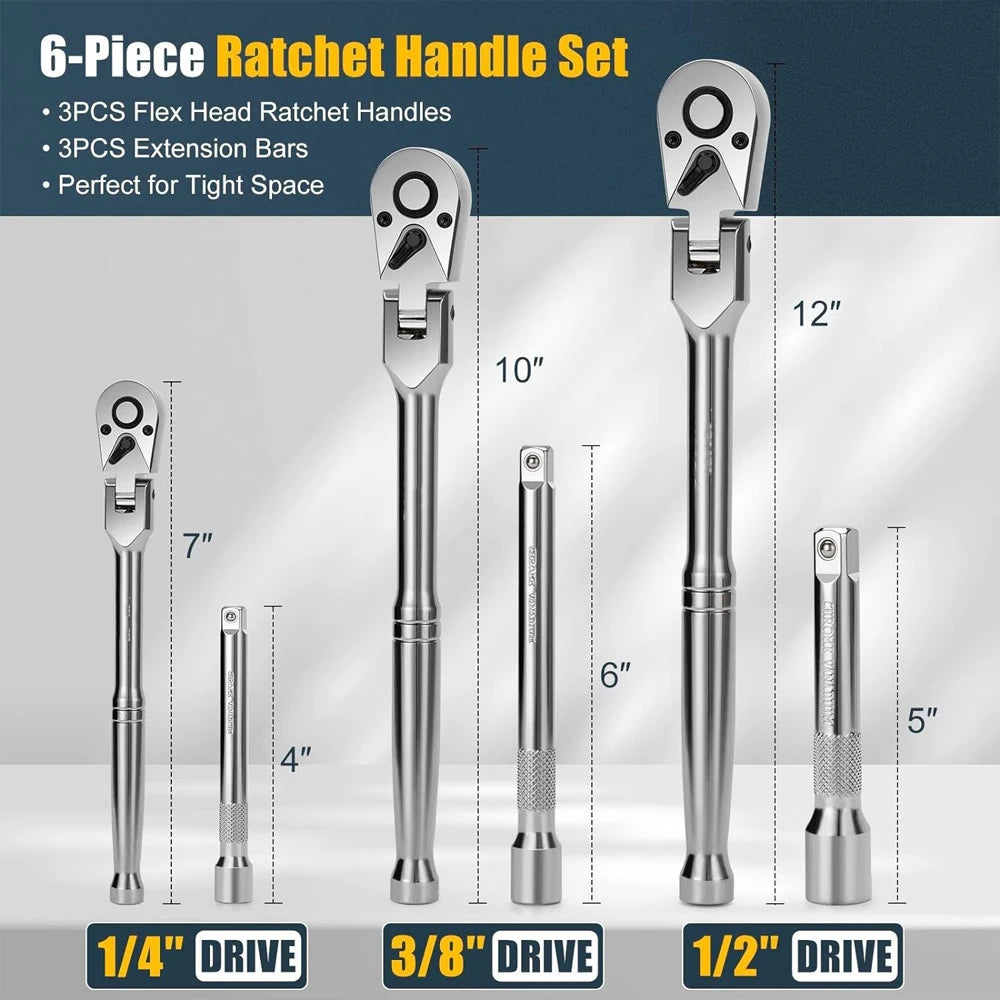 Ratchet Set 1/4" 3/8" 1/2" Drive 180° Adjustable Swivel Head tools  BushLine