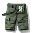 Army green cargo shorts flat-lay, belt draped, fly open showing the printed inner lining