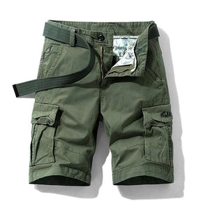 Army green cargo shorts flat-lay, belt draped, fly open showing the printed inner lining