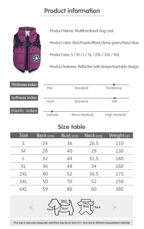 S-5XL Warm Winter Dog Coat Jacket With Harness Dog Stuff  