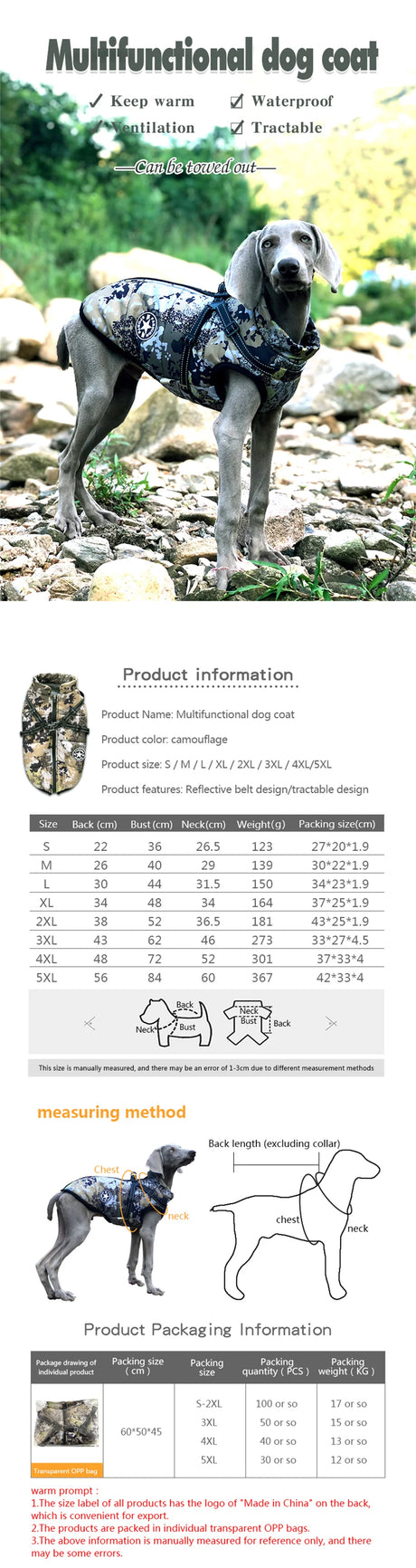 S-5XL Warm Winter Dog Coat Jacket With Harness Dog Stuff  