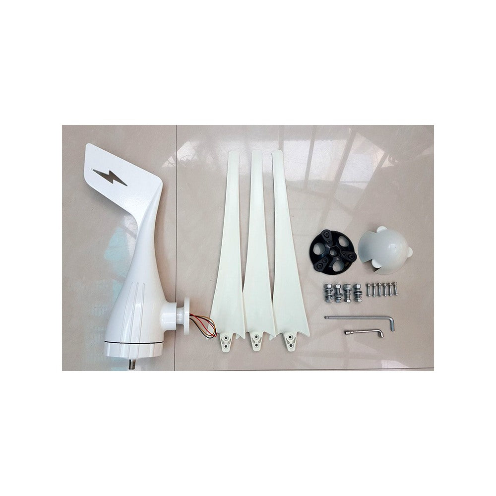 S-series turbine kit laid out unassembled: body with tail fin, three blades, hub, nose cone, bolts and tools - representative family photo