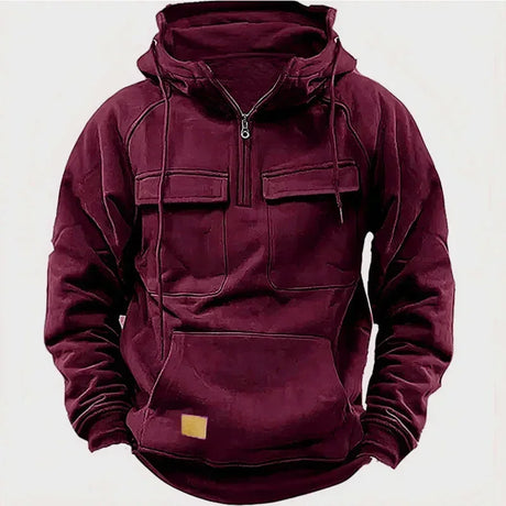 Hoodie Sweatshirt Half Zip with Pockets Solid Color Hoody outdoor equipment BushLine Burgundy Red XXXL