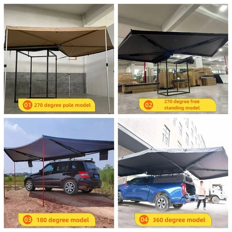 Four-panel supplier chart comparing 180, 270 pole, 270 free-standing and 360 models